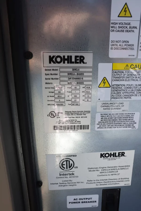Kohler 30RCLA 30kw Natural Gas/LP
