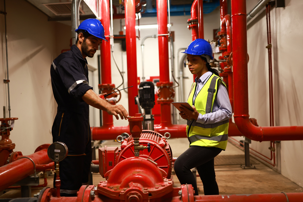 Two people wearing blue hard hats holding equipment and working on a red fire pump